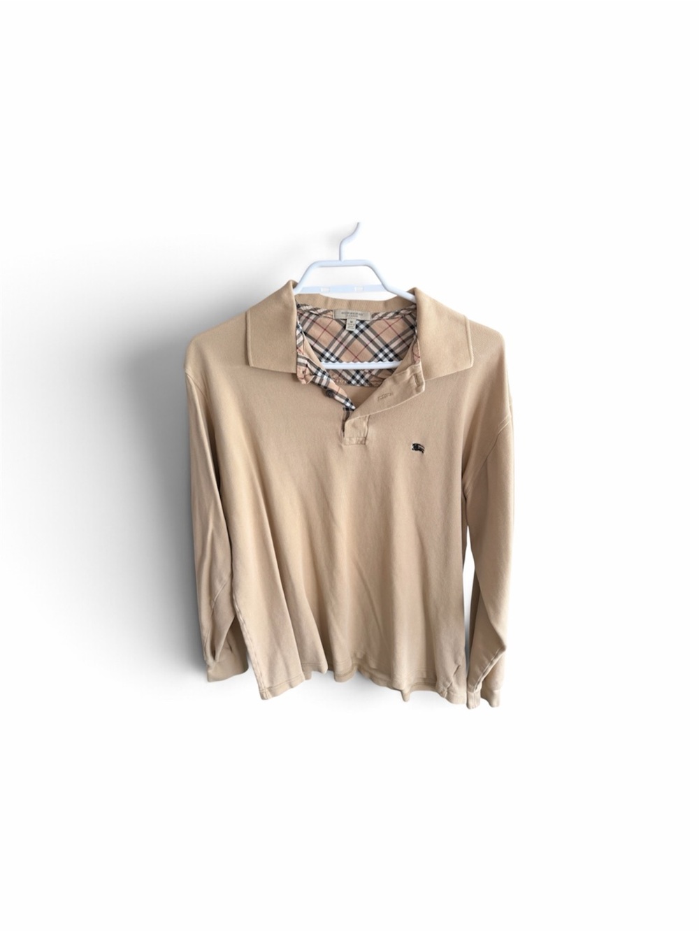 Burberry London Beige Long-Sleeve Polo with Signature Check Trim, Mens Medium